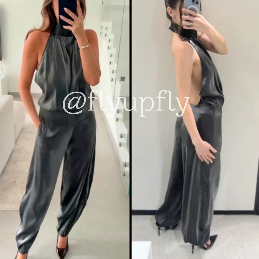 Zara Balloon Metallic Silver Gray Jumpsuit Size M